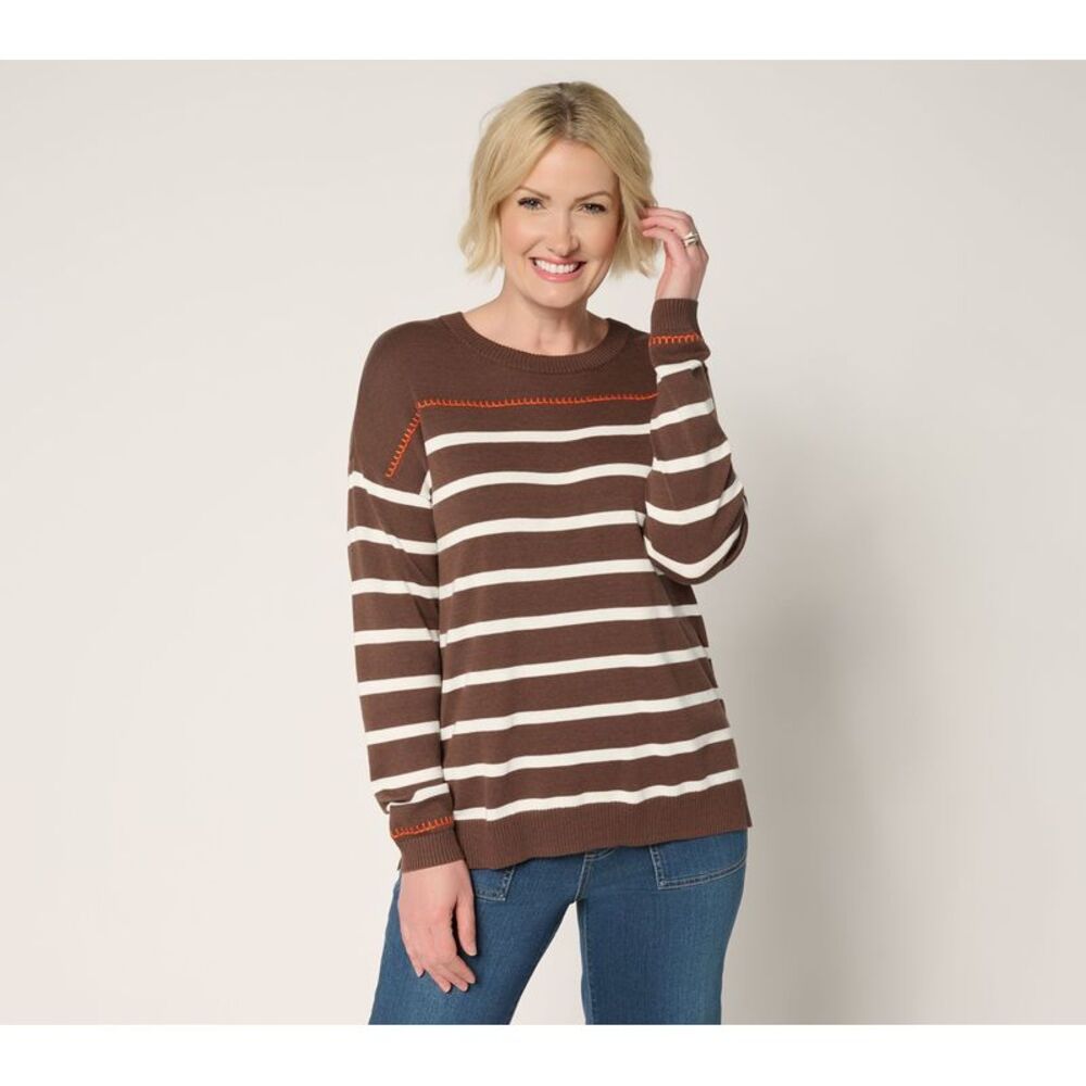 Top Knot Women's Sweater Sz L Striped & Stitched Brown A695156